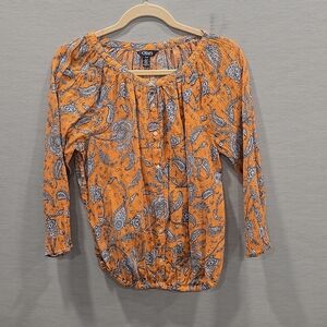 850 Chaps Top Women's Sz L Long Puff Sleeve Orange Floral Boho Career Peasant